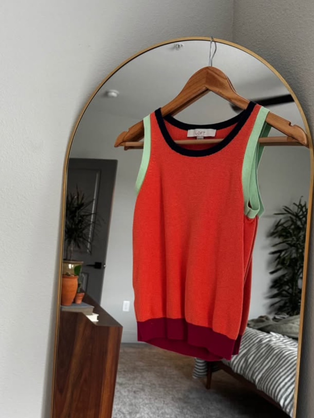 LOFT Coral Knit Tank with Navy Trim